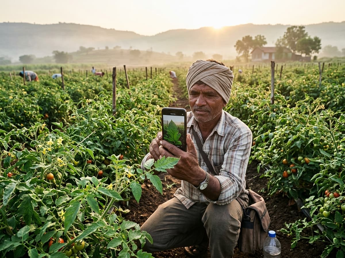 Farmer inspecting leaf disease using mobile camera